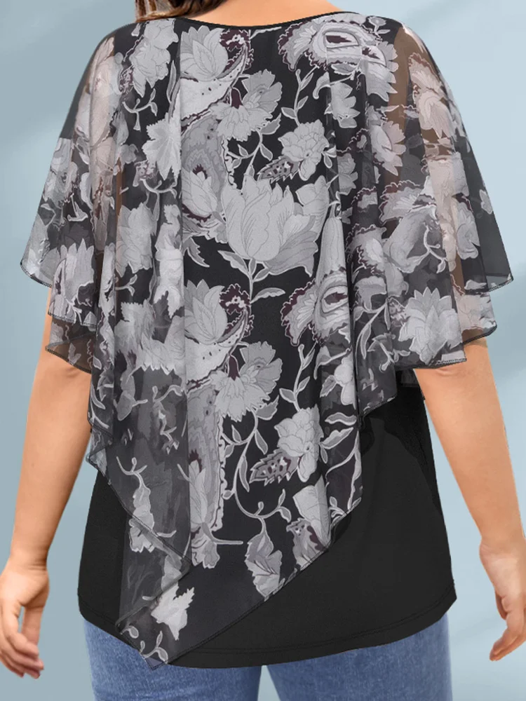 Plus Size Women Blouse Cloak Loose Casual Floral Print Ruffle Batwing Cape Sleeve Tee Top Medium Stretch Women Shirt Top