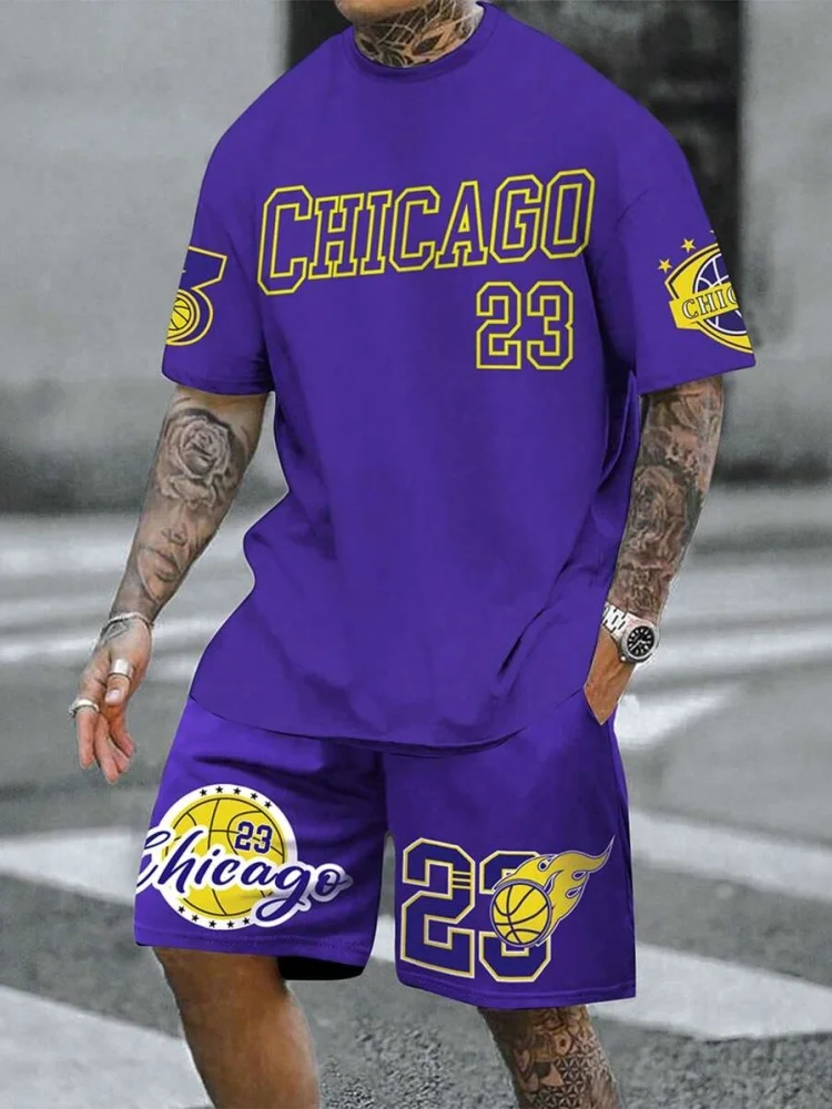 New Street Fashion Basketball T-shirt Outdoor Sports Men's Shorts Chicago Monogram Print Men's Short Sleeve And Shorts Set