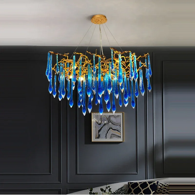 Nieuwe trendy luxe klassieke blauwe kristallen LED hanglamp glans kroonluchter verlichtingsarmatuur voor woonkamer