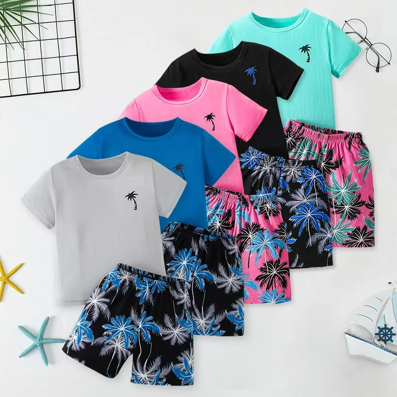 2/4-Piece Summer Children's Multi-Color Bohemian Style Casual Short-Sleeved Shorts Set Boys' Versatile Soft T-Shirt Printed Shor