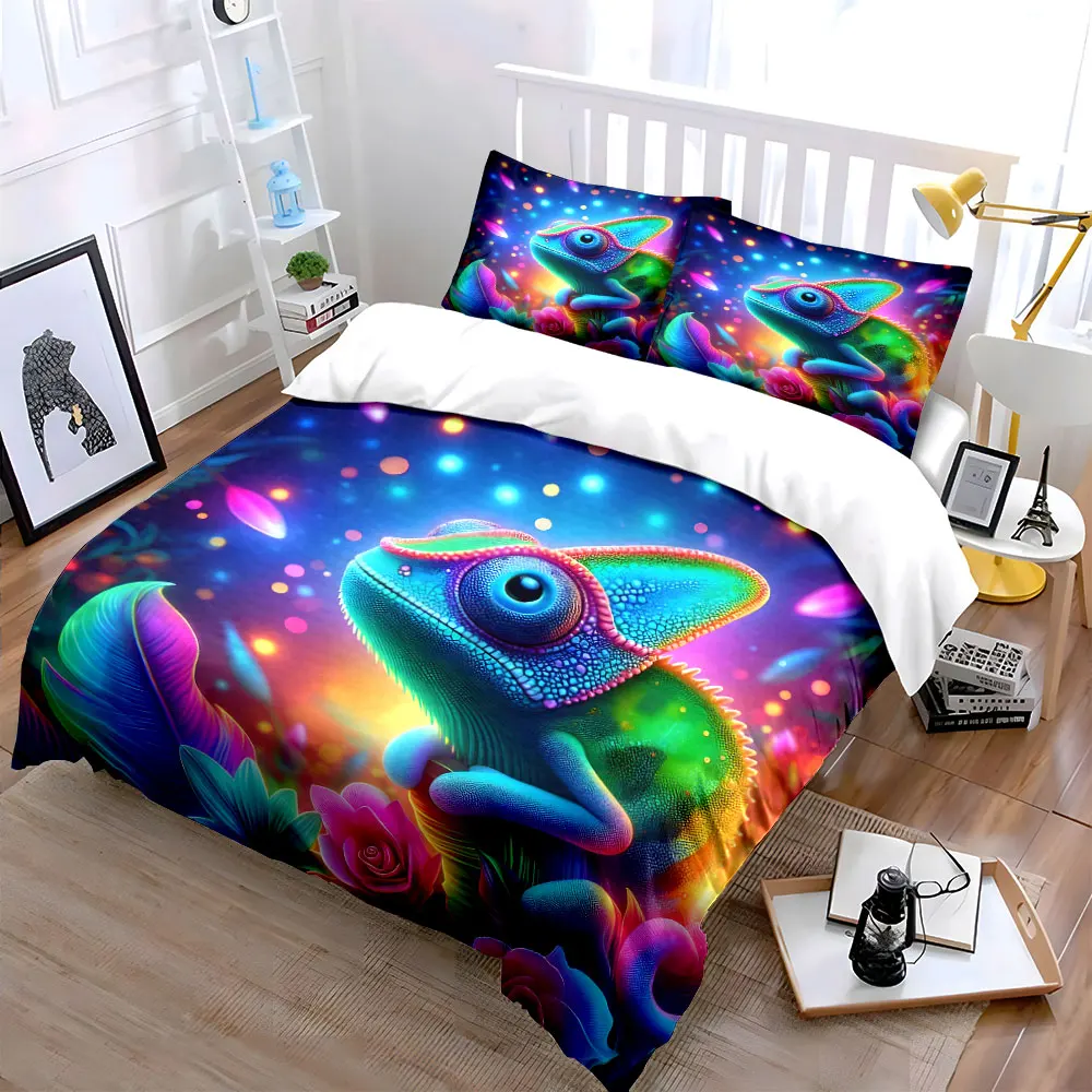 Vibrant Chameleon Amid Dreamy Blossoms Print Bedding Set 1 Duvet Cover 2 Pillowcases for Adult and Children Luxury Gift