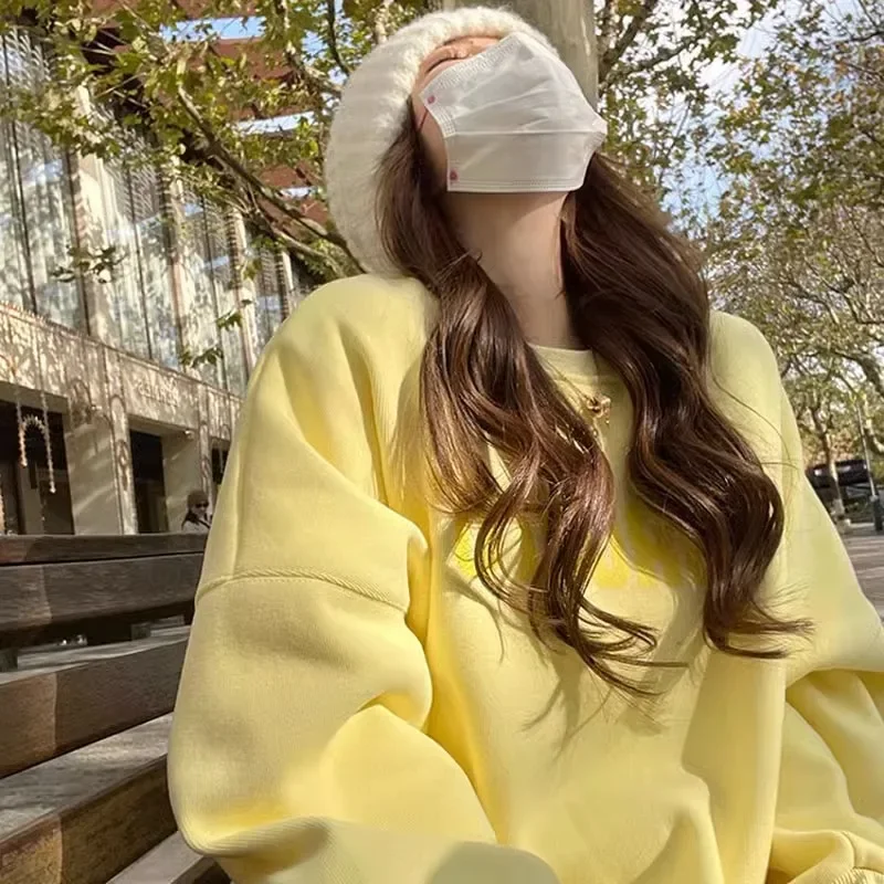 Spring New Creamy Yellow Baggy Sweatshirt Women Fashion Letter Printing Street Lazy Wind Pullover Tops Korean Y2k Clothes