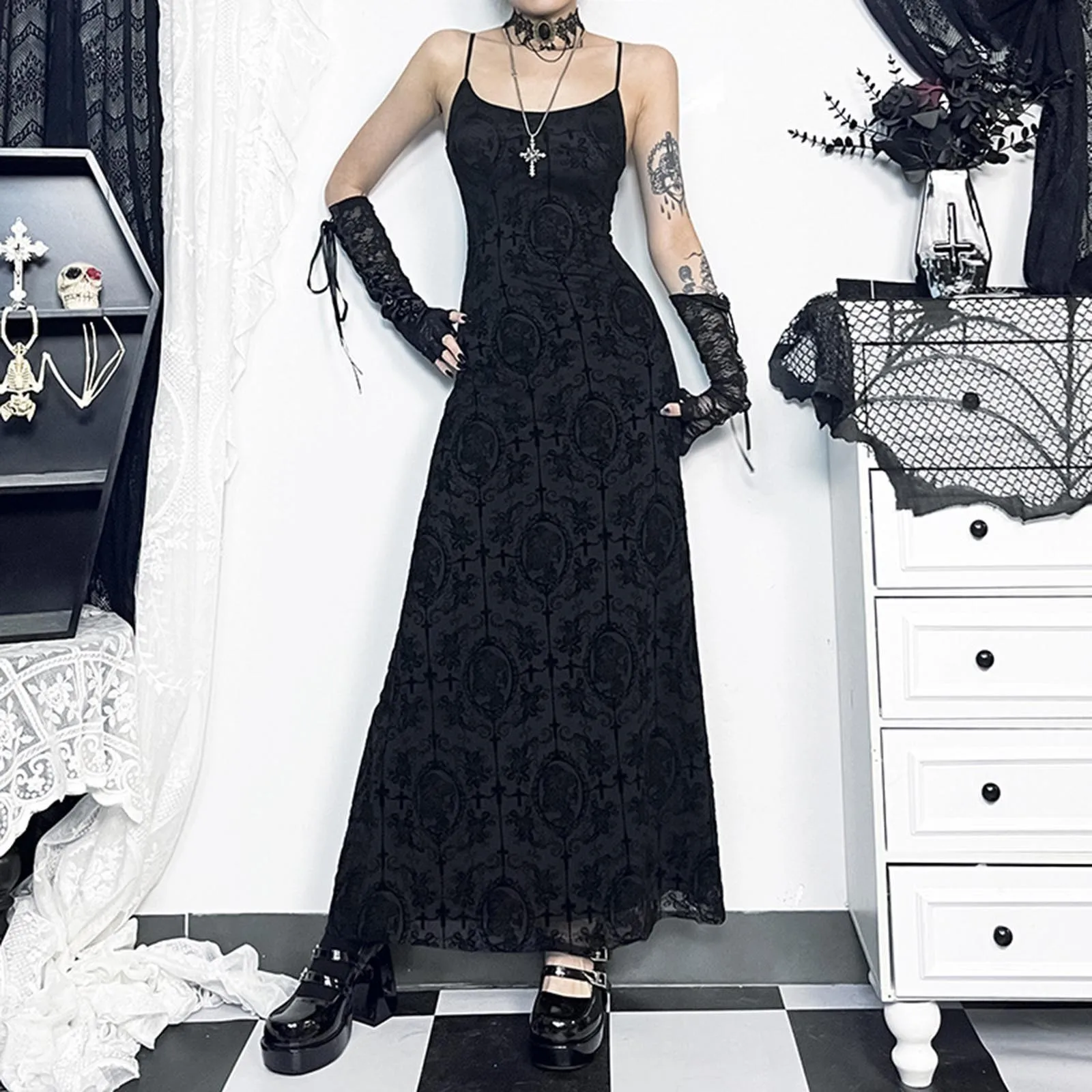 Goth Cross Flocking Mall Gothic Aesthetic Dresses Grunge Punk Mesh Elegant Party Long Dress Sling Slim Sexy Emo Alt Outfits