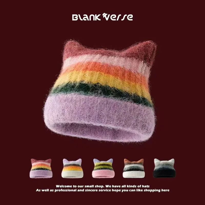 Winter Ear Protector Skull Beanie Cap Women thicken Woolen Cat Ear Knitted Hat Fashion Ladies Rainbow Stripe Pullover Caps