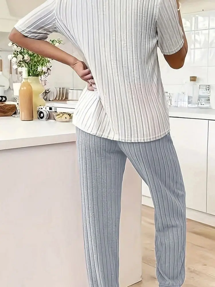 Women Sleepwear Autumn Winter Warm Two-Piece Heart Print Round Neck Short Sleeve Tops and Long Pants Pajamas Set Home Wear