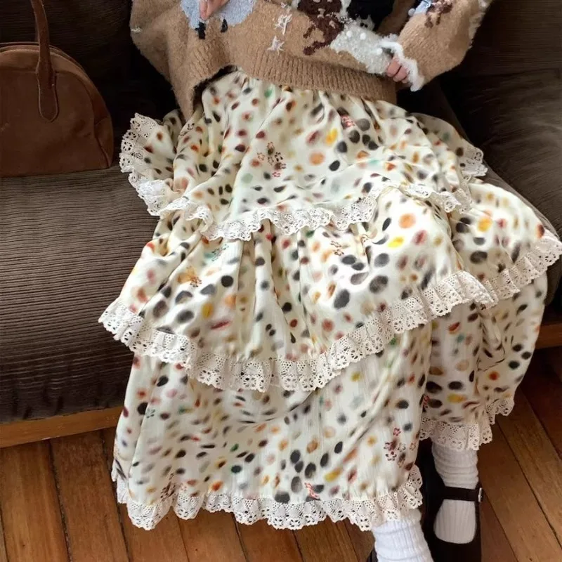 

Korean Style Colorful Dot Print Elegant A-line Skirt Women 2025 Winter High Waist Contrast Color Patchwork Cake Skirt