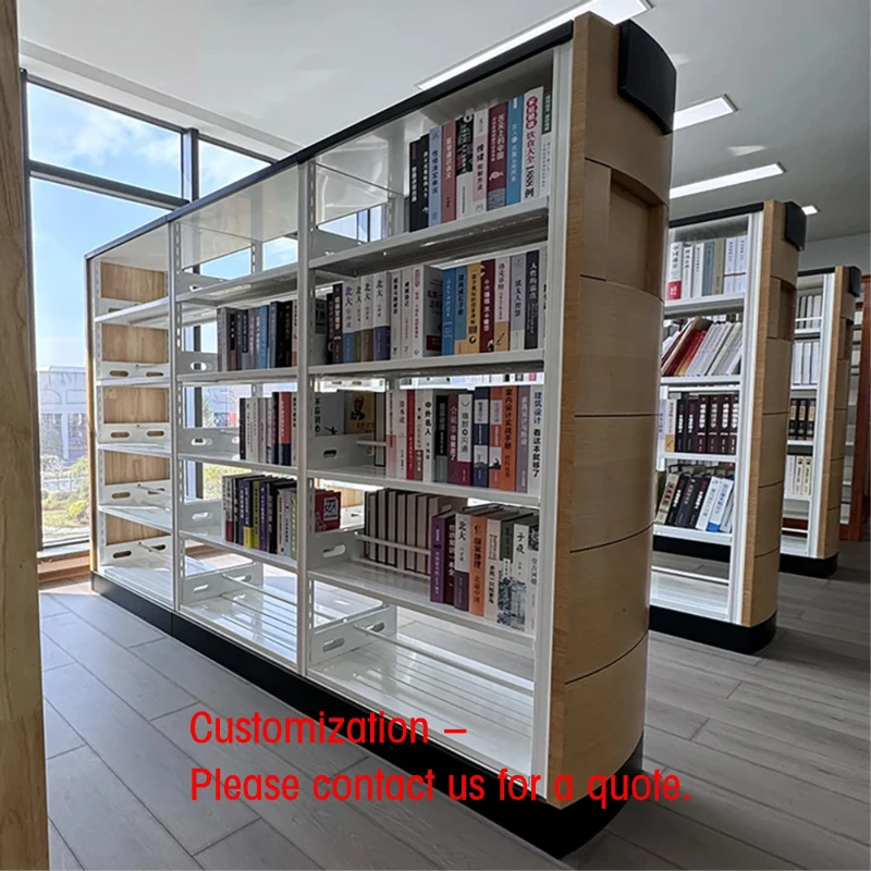 custom.Modern Stainless Steel Wood Library Bookcase System Adjustable Height 5 Shelves Foldable Floor Standing Commercial Use Sc