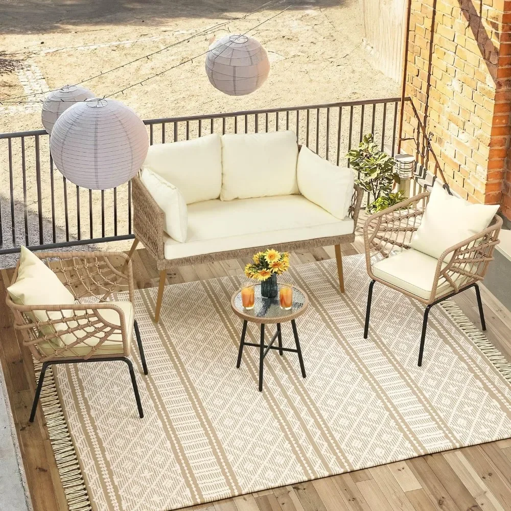 All-Weather Rattan Sofá com Almofadas e Almofadas Lombares, Pátio Loveseat, Mobiliário ao ar livre Conjunto para Varanda, 2 lugares