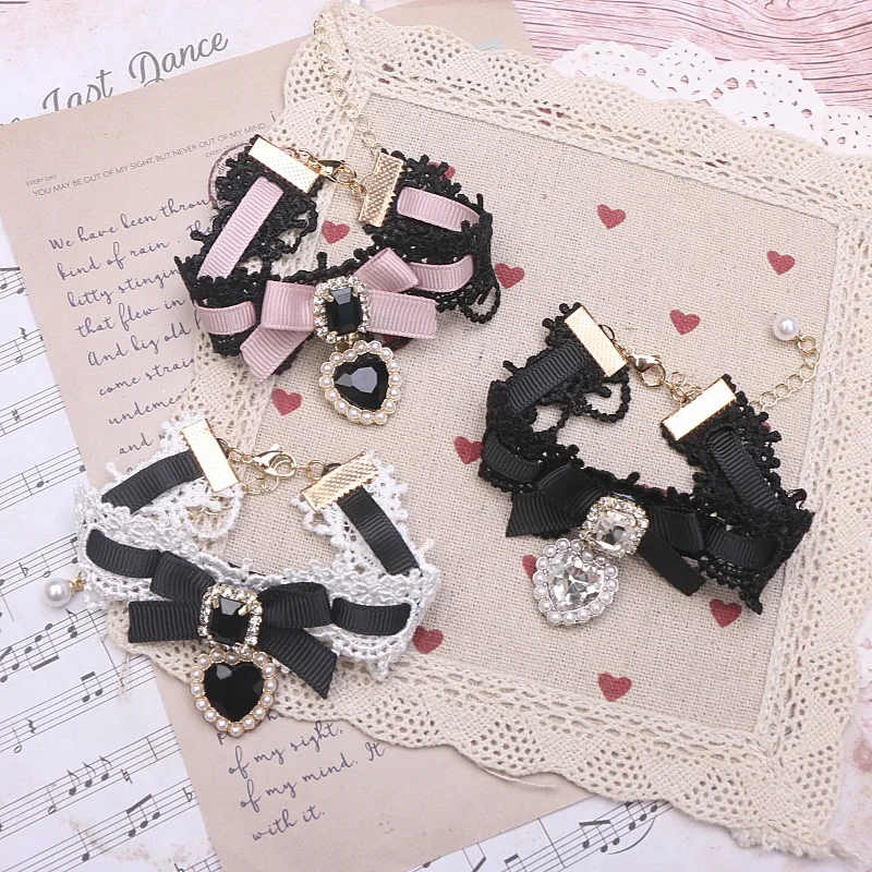 สร้อยข้อมือลูกไม้Lolitaสไตล์Bowknot Rhinestoneผู้หญิงจี้หัวใจหวานCool Y2KสาวHandmadeสร้อยข้อมือ