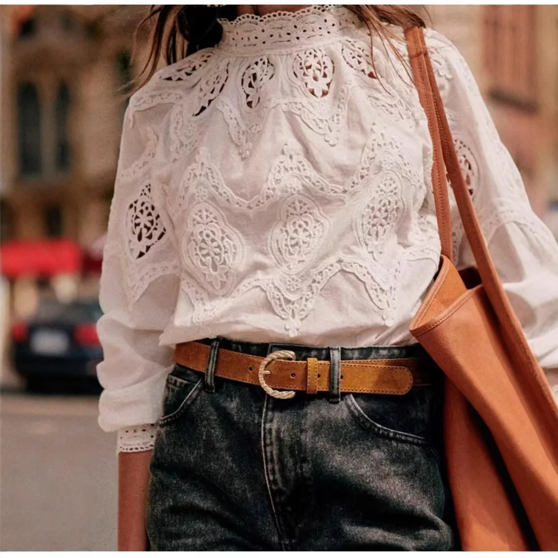 Sezanes Fashion 2025 White Court Style Long Sleeve Lace Embroidery Hollow Lace Lantern Sleeve Stand Collar Shirt Premium