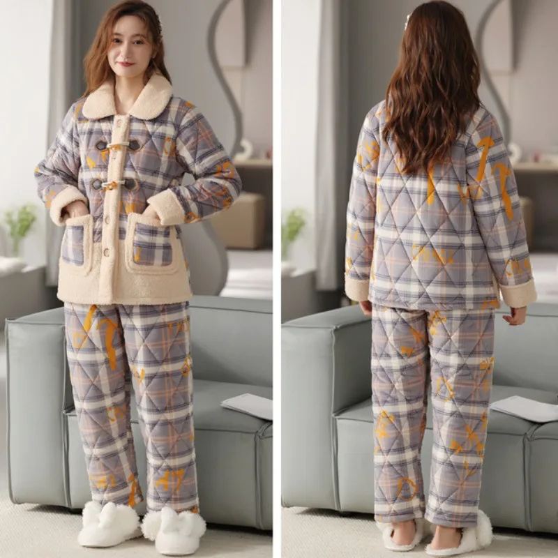 2024 New Pajama Women's Winter Three-layer Thickened Coral Fleece Loungewear Sandwich Cotton Autumn Warm Doll Collar Homewear
