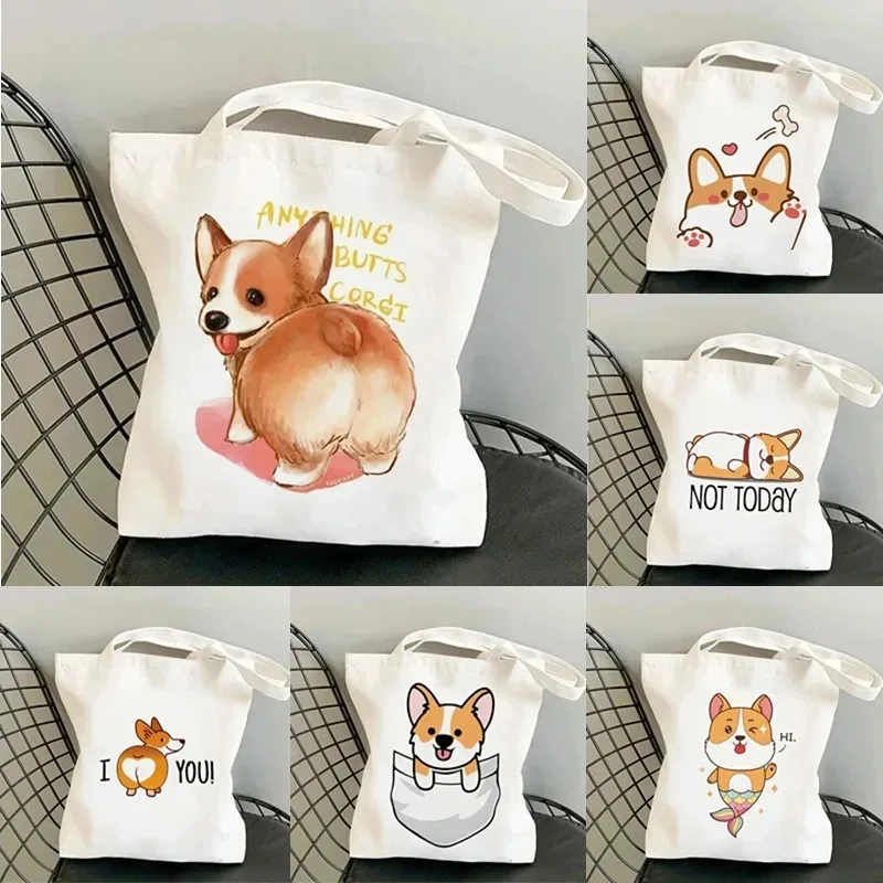 

Cute Corgi Dog Printing Women's Shoulder Bag Eco Friendly Shopping Bag Casual Women's Canvas Handbag Abstract Printed Handbag