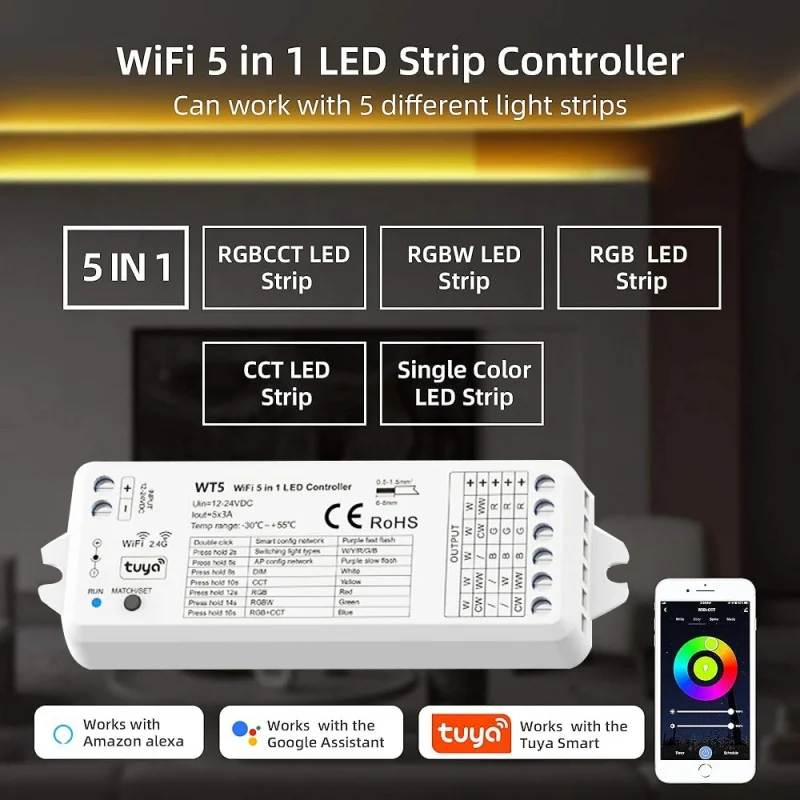 Tuya WiFi & RF 5 in 1 LED Controller WT5 2.4G Dimmer for CCT RGB RGBW RGBCCT Strip Light Glass Touch Panel Remote Controller TW5