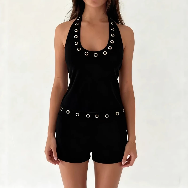

Summer New Women'S Slim Sexy Spicy Girl Metal Hollow Hole Hanging Neck Suspender Vest Tank Croped Tops Camisole T Shirt Woman