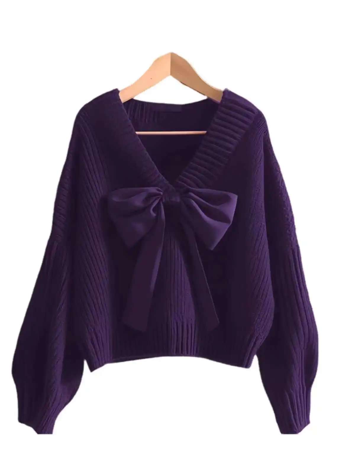 French Style Purple Sweater Women Autumn New Bow V-Neck Loose Temperament Knitted Pullovers Exquisite Elegant Knitwear Tops