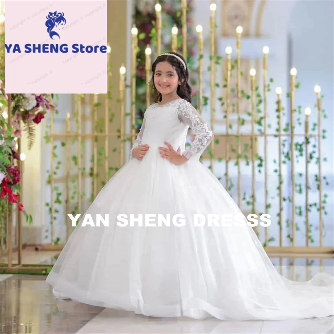 

Customized Luxury Wedding Flower Girl Dress Long Sleeve Applique A Line Sweep Train Long Ball First Communion Gown
