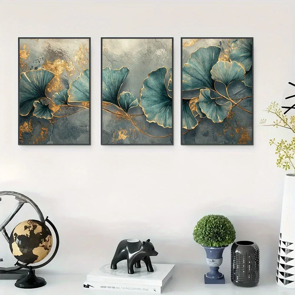 3pcs Unframed Ginkgo Leaves Wall Art Decor, Teal Canvas Print with Golden Edges, Nature-Inspired Botanical Artwork, Vertical