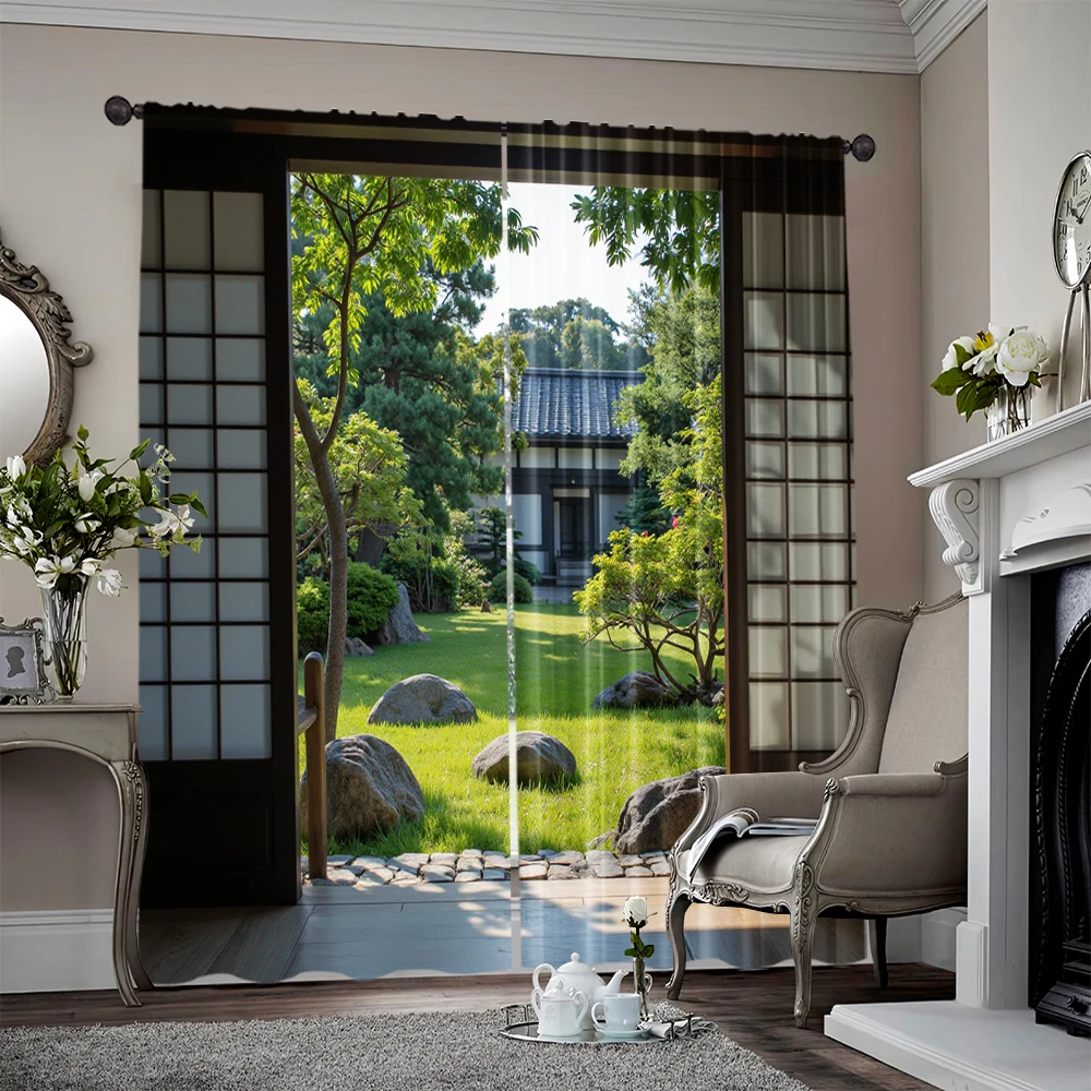 2pcs, 2D flat Scene Curtains Japanese Garden and Temple Scene Versatile 100% Polyester,Without Electricity Spring Party &