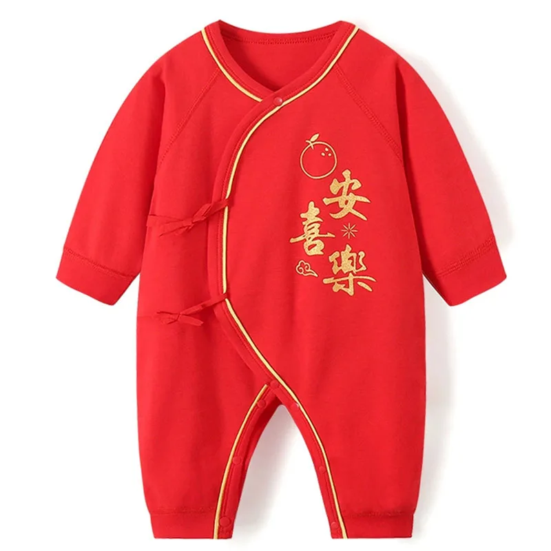 Conjuntos de primavera y otoño para niño pequeño, ropa para niña pequeña, monos rojos de manga larga con dibujos animados de estilo chino, artículos para bebé recién nacido B295