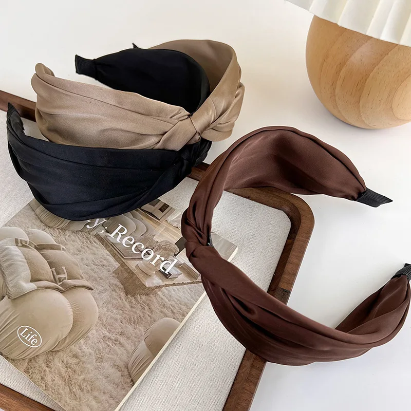 Retro Coffee Color Satin Knotted Wide Headbands for Woman Temperament Elegant Hairband Hair Hoop Female Fashion Hair Accessories