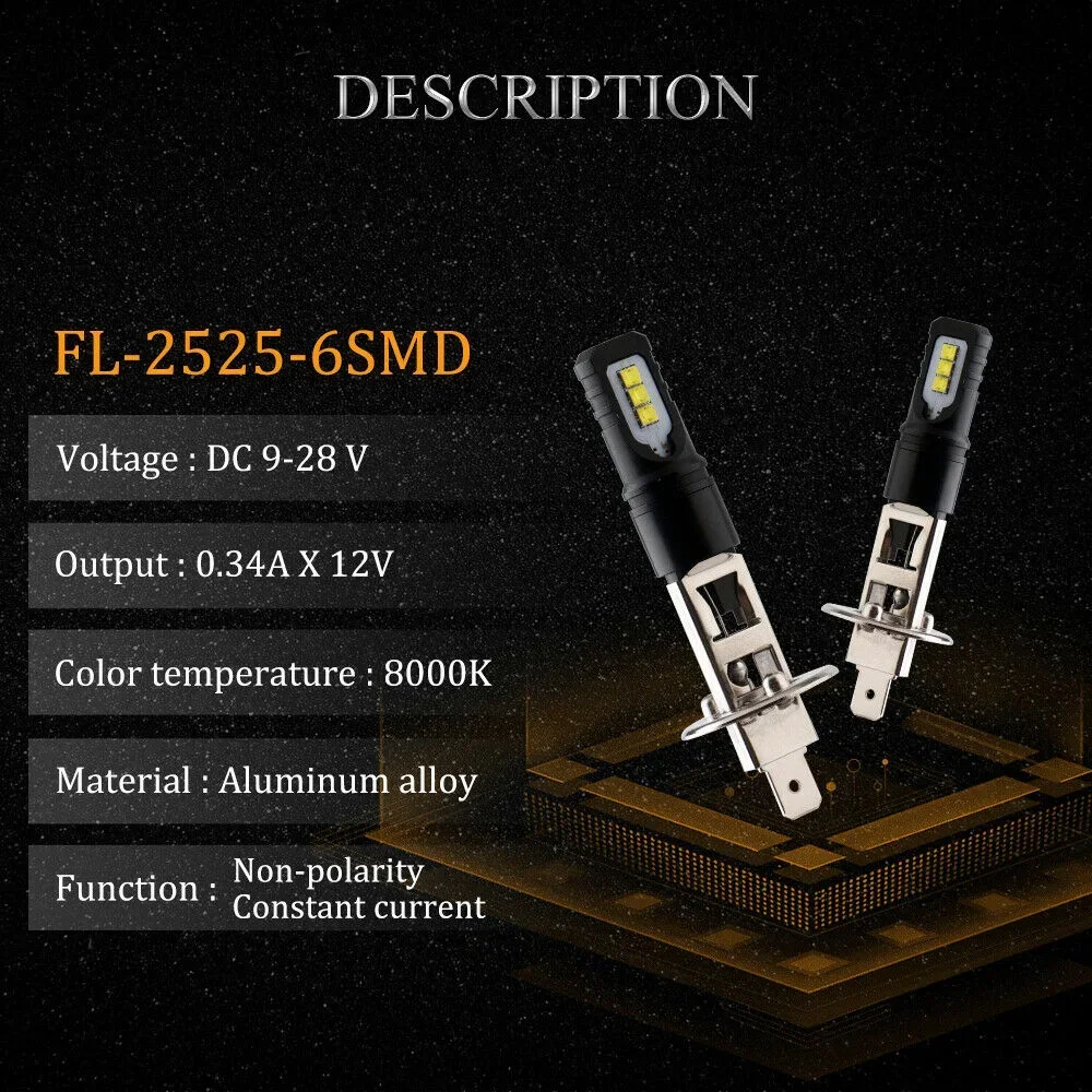 DRL LED 헤드라이트 전구 키트, 하이 빔 2525 칩, 안개등 주행등, 2x H1, 160W, 6000K, 6000LM, 매우 밝은 흰색, 자동차 12V