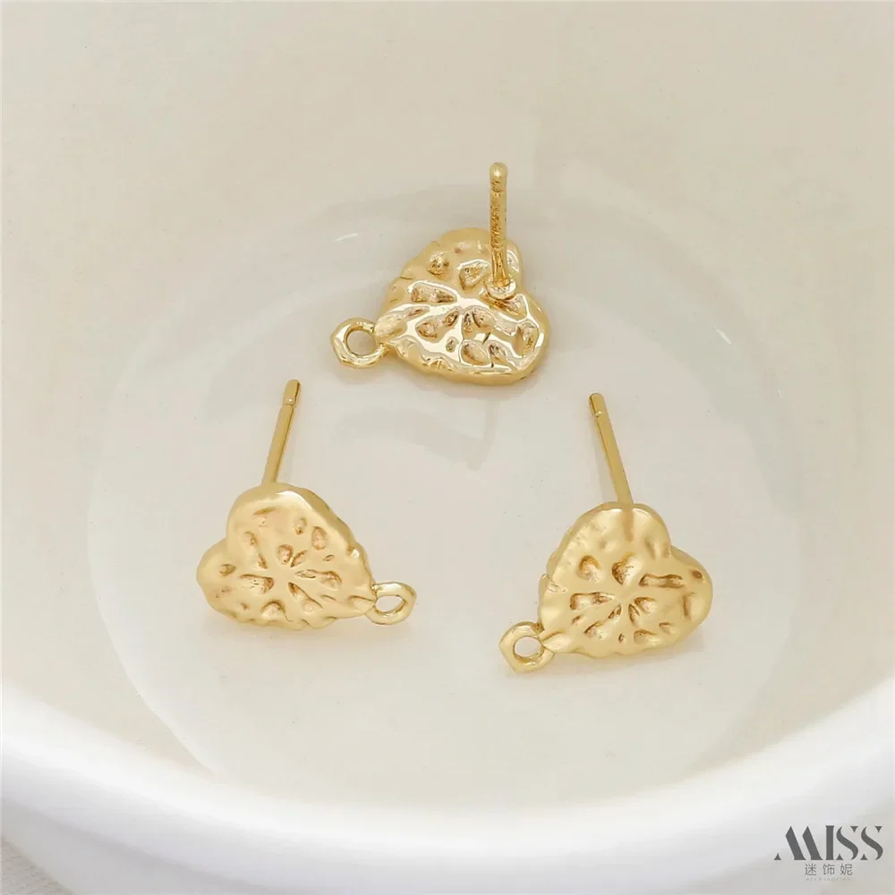 

14K Gold-plated Concave Surface Uneven Peach Heart Earring Carving S925 Ear Pin with Lifting Ring DIY Ear Accessory