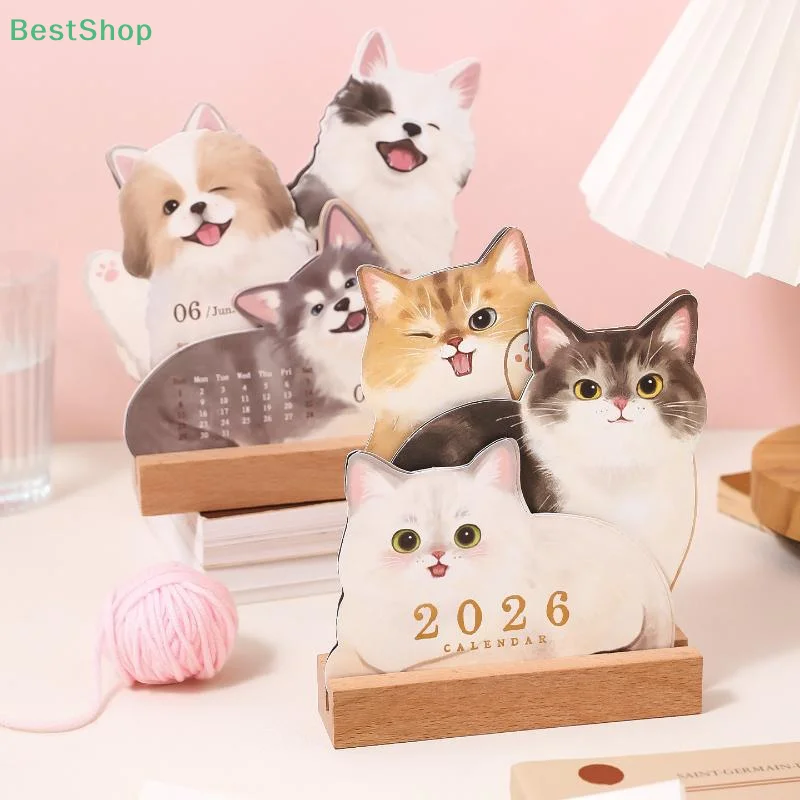 ♥♥♥Wooden Base 2026 3D Cat Dog Series Desk Calendar,Multifunctional Desktop Planner Calendar