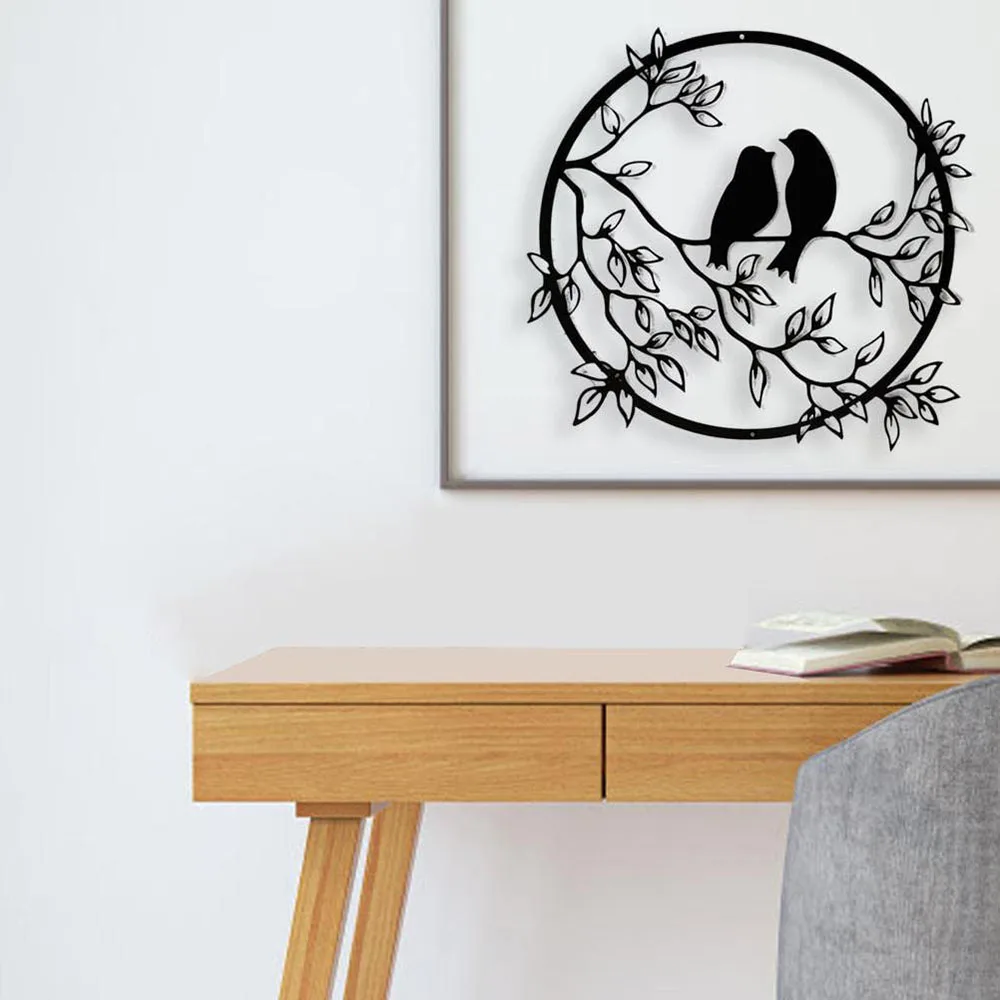 Metal Bird on Tree Branch Round Wall Art Signs Decor Hanging Black Silhouette Plate Living Room Bedroom Interior Decoration