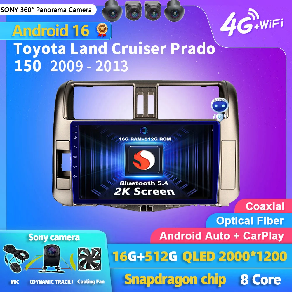 Android 16 Carplay Auto Car Radio Multimedia Player For Toyota Land Cruiser Prado 150 2009-2013 Autoradio Stereo 2din Head Unit