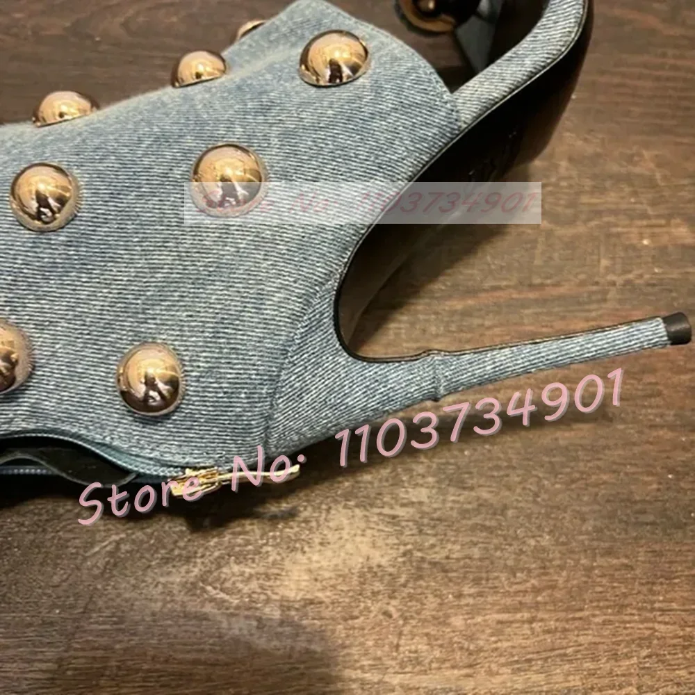 Metal Rivet Hollow Flip Flops Denim Boots Women Zipper Over Knee High Square Open Toe Shoes Female Fashion Punk High Heels Boots
