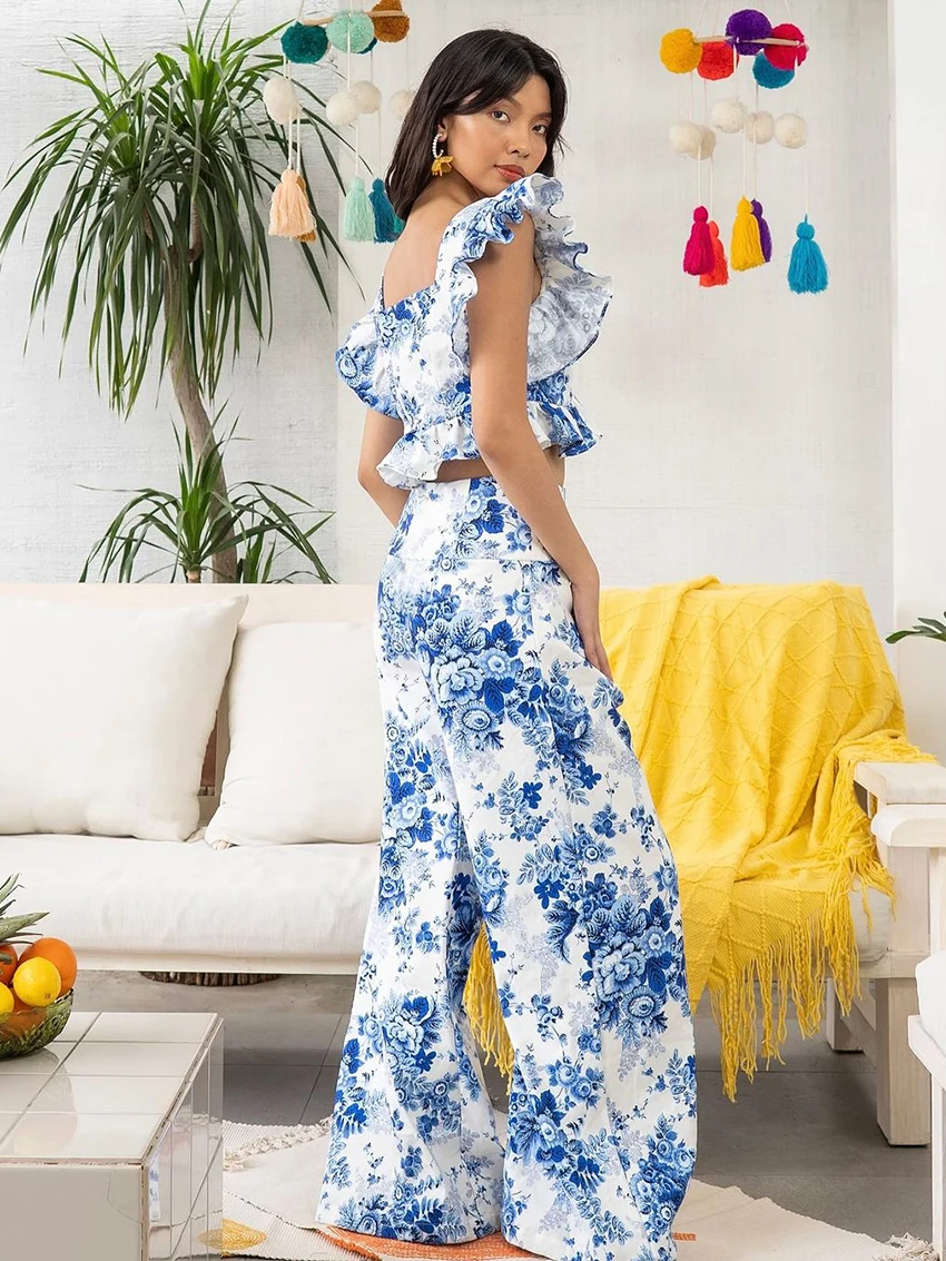 Marthaqiqi Printing Female Nightwear Set Short Sleeve Pajama V-Neck Nightgown Crop Top Nightie Pants Casual Women Sleepwear Suit