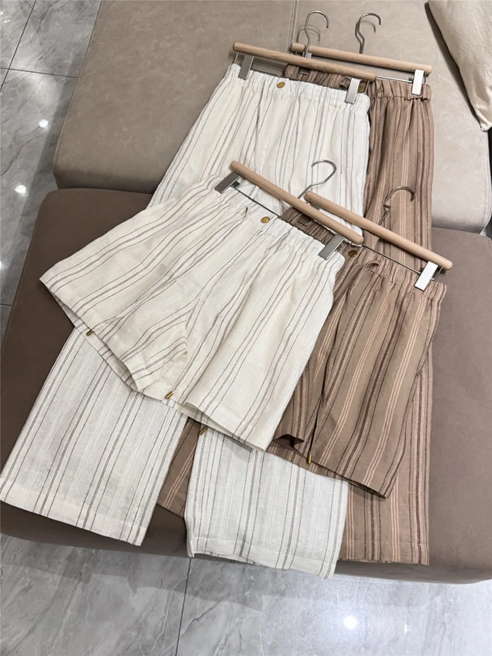 

Ladies Llinen Striped Wide-Leg Long Pants/Elastic Waist Drawstring Shorts Elegant Temperament