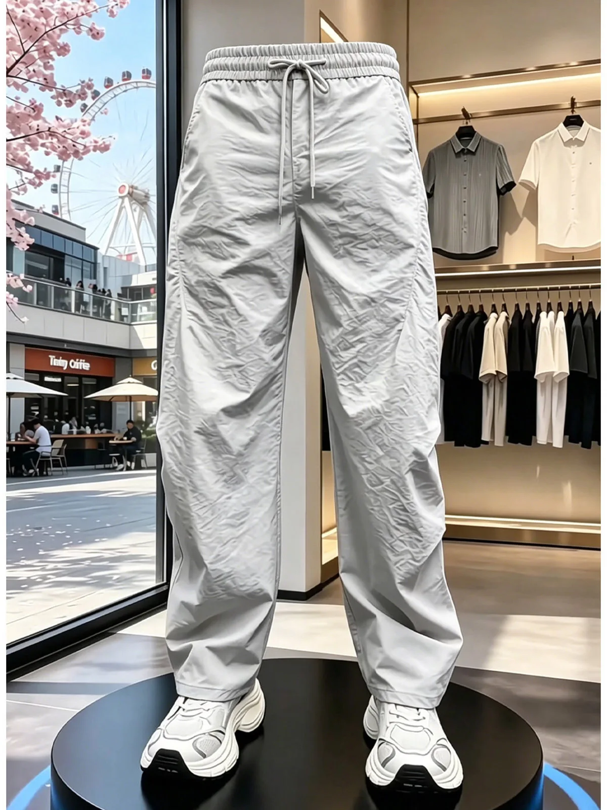 Gray White Pleated Ice Silk Quick Dry Men's Summer Thin Workwear Casual Sports Harlan Pants Loose Fit Straight Leg Casual Tro...