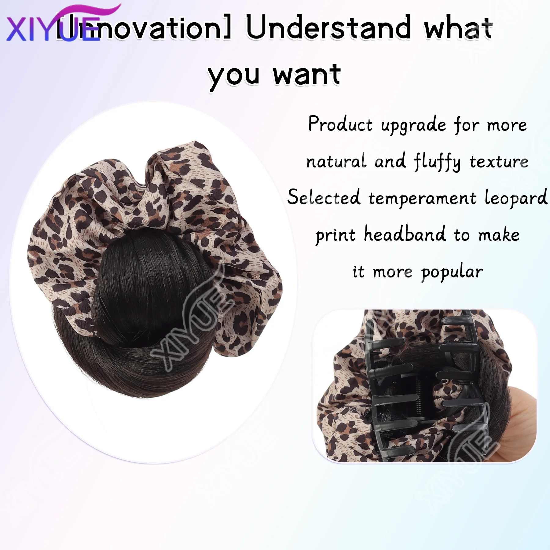 XIYUE New Synthetic Hair Bun Claw Clip with Hair Tie Leopard Print Bun Head Wig Brown Fluffy Hairpiece Hair Accessories