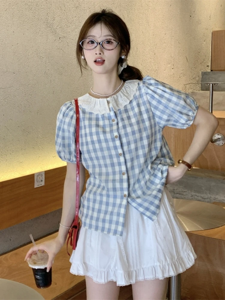 

Женская рубашка в корейском стиле Sweet Style: свободный крой, цветочный воротник, клетчатый узор, короткий рукав, двусторонняя носка, летний льняной топ для молодых женщин