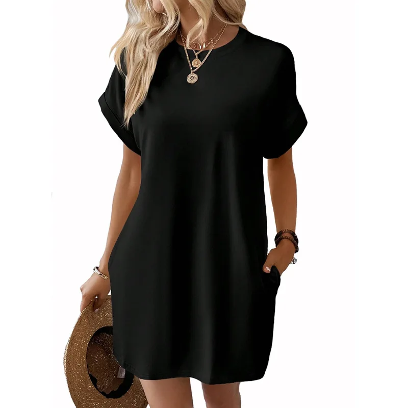 Fashionable Women's Dress Solid Color Large Size Loose Classic Round Neck Short Sleeve Knee-length Dress With Pockets Basic Vest