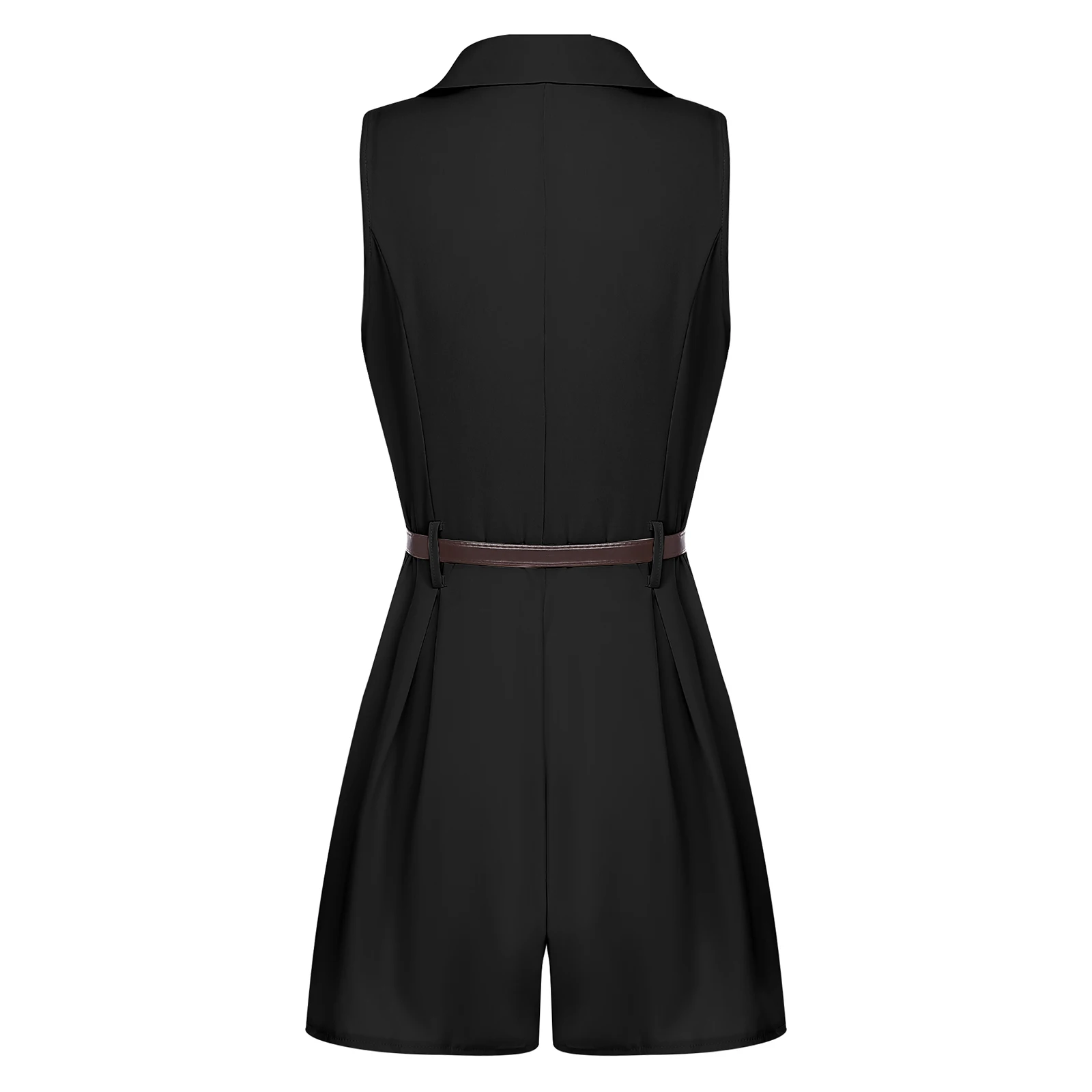 Moda senhora curto unitard feminino elegante lapela macacão sem mangas plissado perna larga solta curto macacão femme roupas de viagem