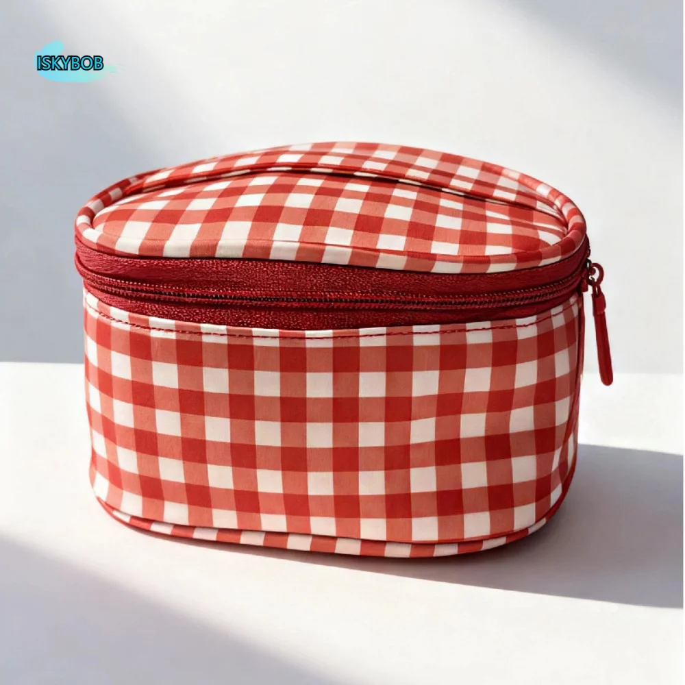 

Oxford Cloth Red Plaid Makeup Bag Waterproof Large Capacity Toiletry Organizer Bag Multifunctional Nylon Cosmetic Bag Unisex