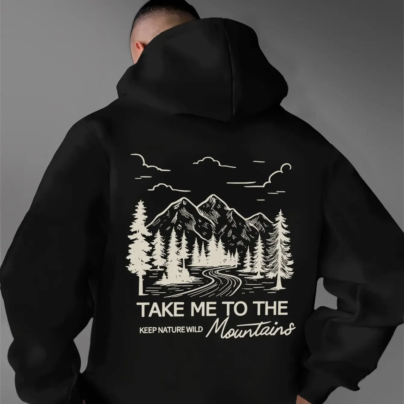 Vintage Mountain Forest Road Nature Slogan Back Print Hoodie Casual Oversized Hiking Outdoor Street‑style Long Sleeve Pullover