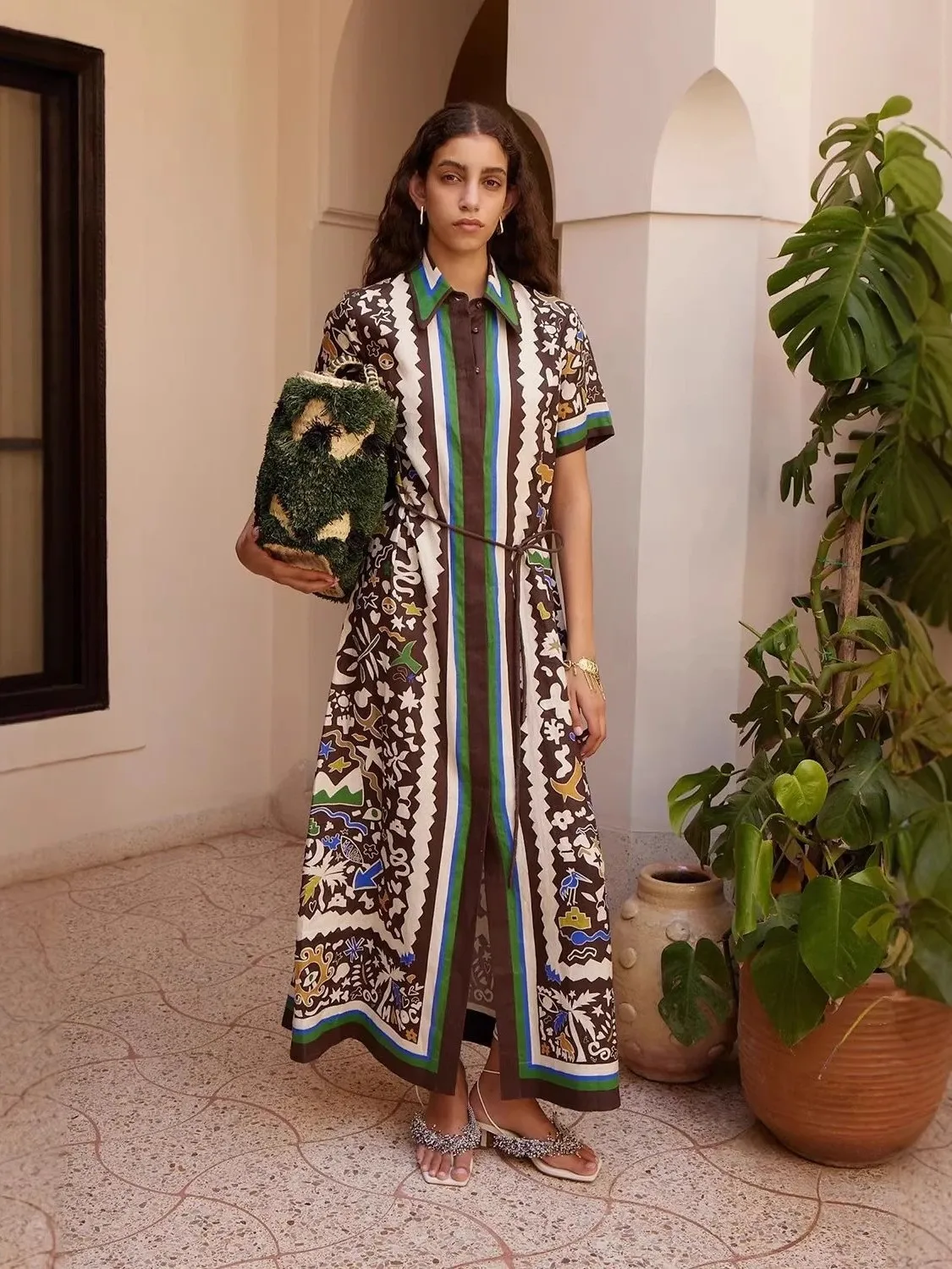 

Casual Fashion Long Linen Print Dress Beach Vacation Beautiful Set Low Waist A-Line Skirt Short Sleeve Slim Fit Shirt Dress