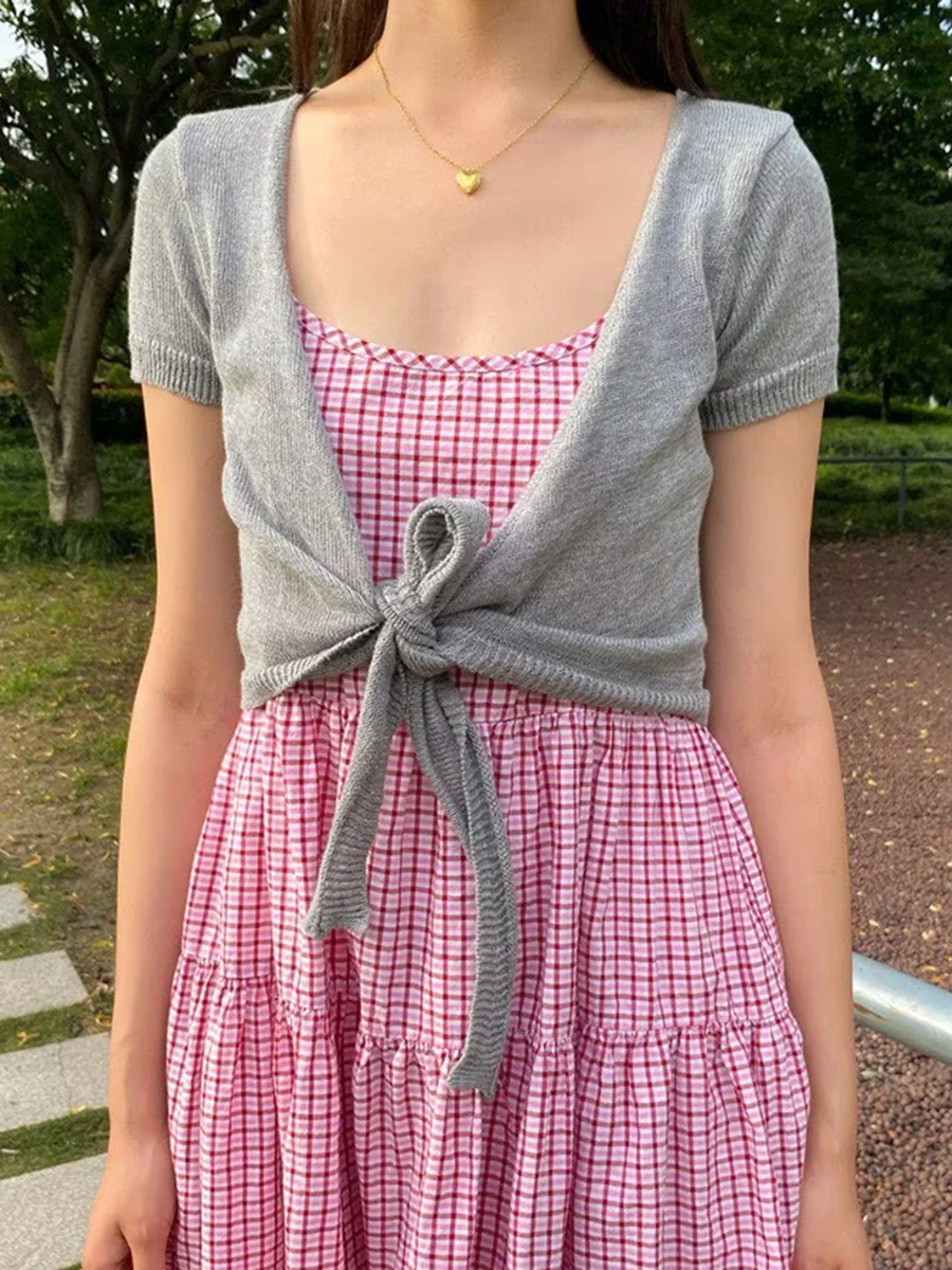 Lace-up Gray Wrap Knitted Crop Top Woman Summer Cotton V-neck Short Sleeve Cropped Smock Casual Simple All-match Knitwears New