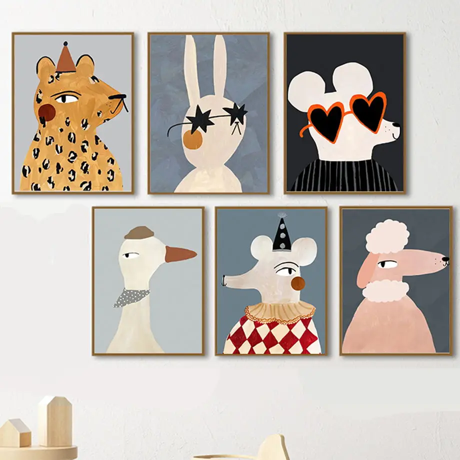 

Cartoon Mouse Rabbit Duck Leopard Sheep Pig Poster Nordic Wall Art Print Canvas Painting Nursery Pictures For Baby Bedroom Decor