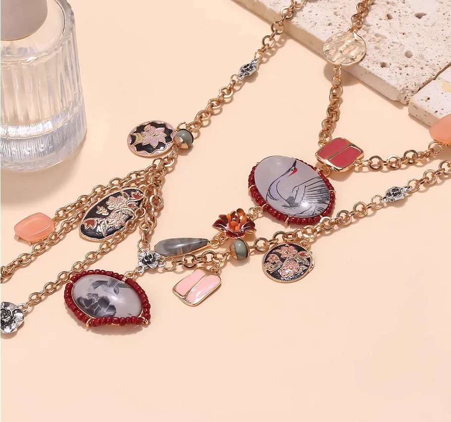 2025 autumn and winter designer painted crane multilayer temperament necklace