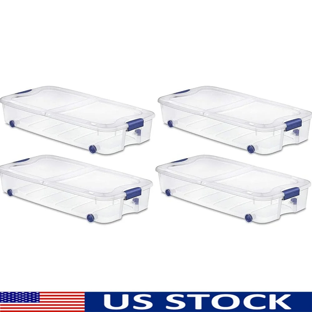 

4 упаковки под кроватью, пластиковые контейнеры для хранения, контейнеры для одежды, книг, подгузники, обувь, игрушки, офисные принадлежности, кемпинг, хранение на колесах