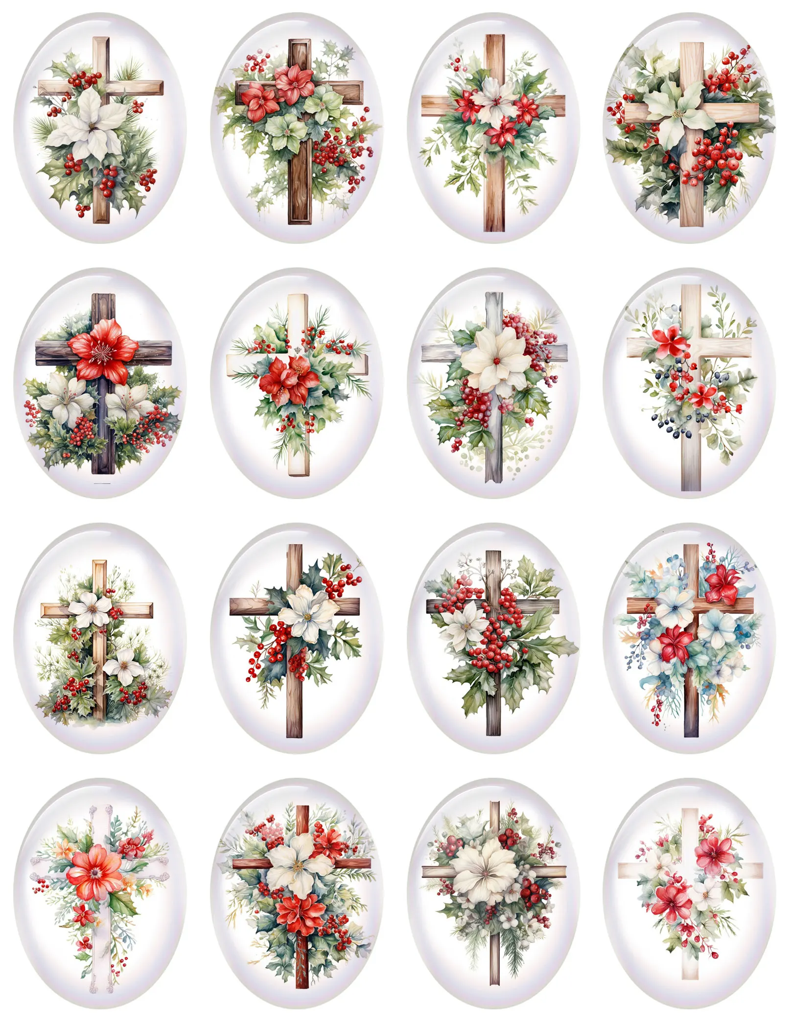 10pcs/lot Christmas X-mas Winter Cross Flower Jesus Oval Photo Glass Cabochon Charms Flatback Demo Cameo For Diy Jewelry Making