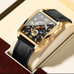 Rectangular Casual Sport Watches for Men Top Brand Luxury Military Leather Wrist Watch Man Clock Fashion Gold Wristwatch