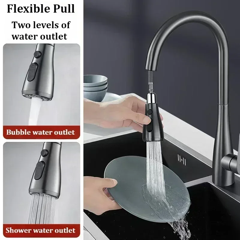 2-Mode Handle Pull Stainless Steel Kitchen Faucets 360° Rotating Splash Proof Sink Taps Cold and Hot Mixer
