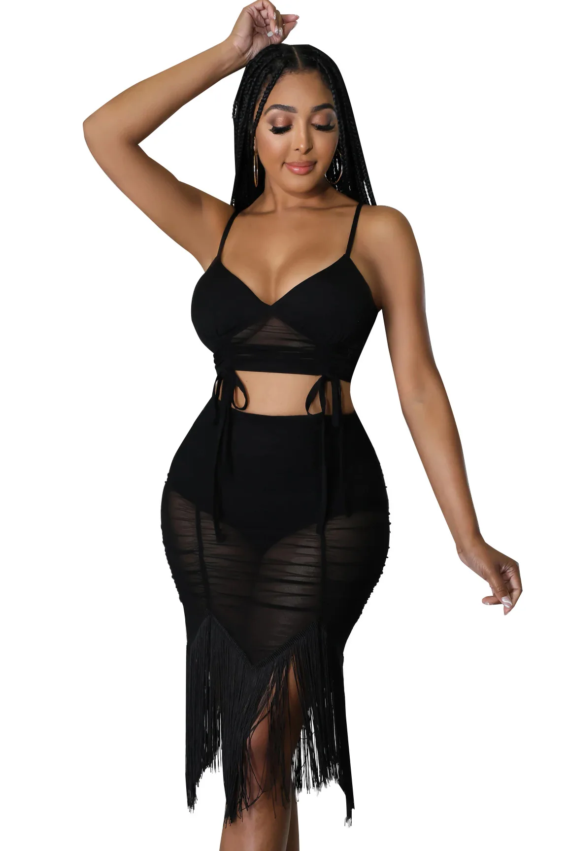 

Summer explosion of women's fashion sexy nightclub halter mesh pleated see-through tassel pants smocked skirt two-piece new in