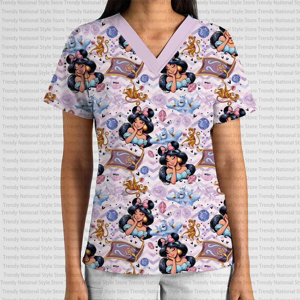 Disney Princess Cartoon Print Hospital Doctor T-shirt New Elegant Women's Work Uniform V-neck Pocket Frosted Top Exquisite