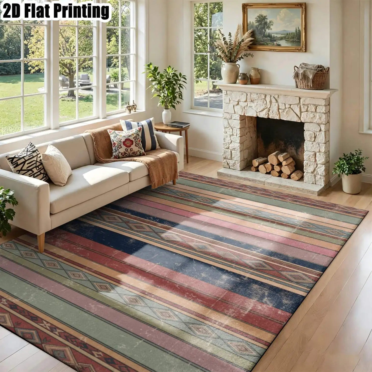 1Pc 2D Printed Retro Color-Blocked Geometric Stripe Carpet, Home Decor, Multi-Size, Machine Washable, for Entrance, Dining, Foyer, Bedroom, Study, Living Room